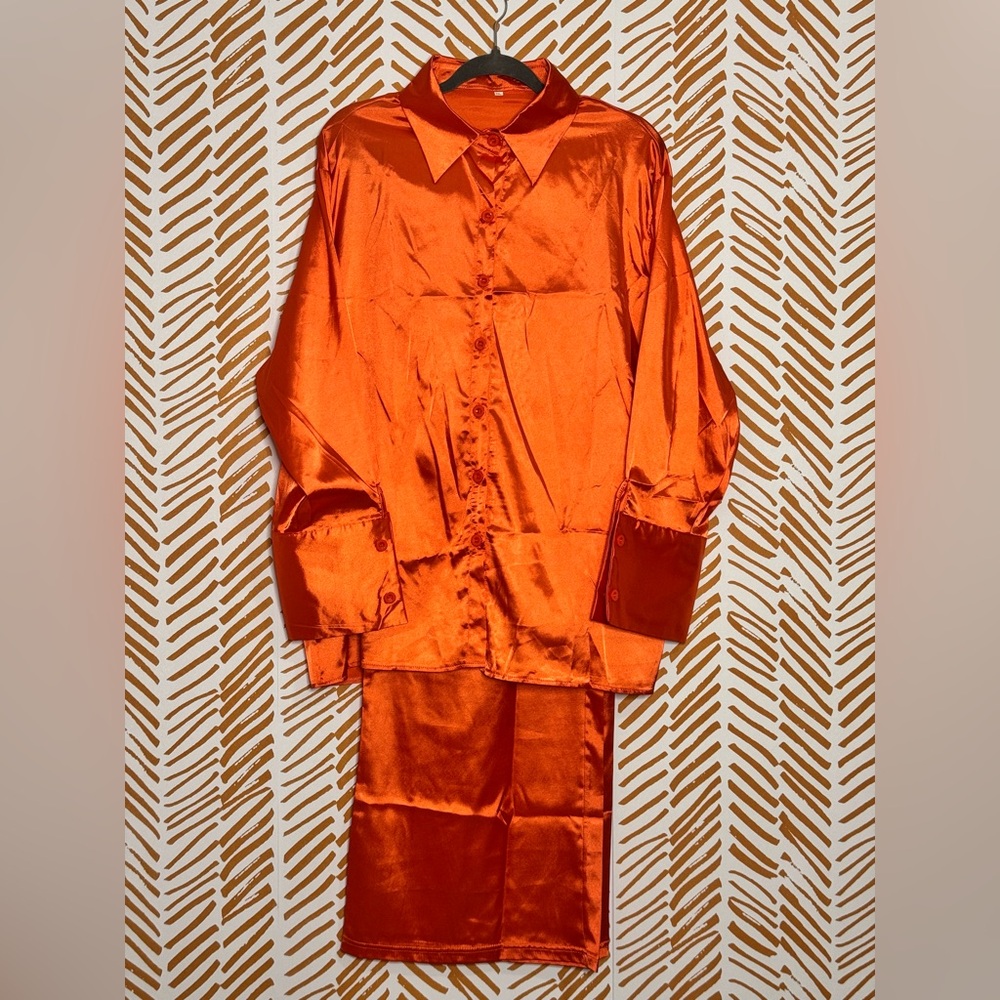 Satin Orange Button Down Shirt Set